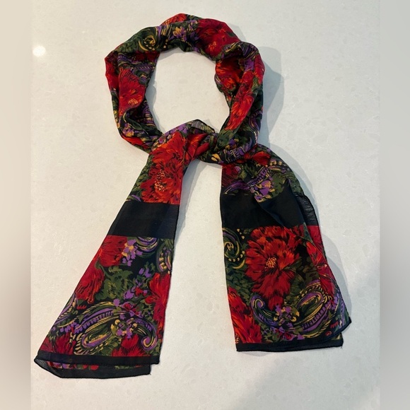 Vintage Cybèle ITALY Floral Paisley Scarf - Red Black Purple Green Polyester - Picture 1 of 8